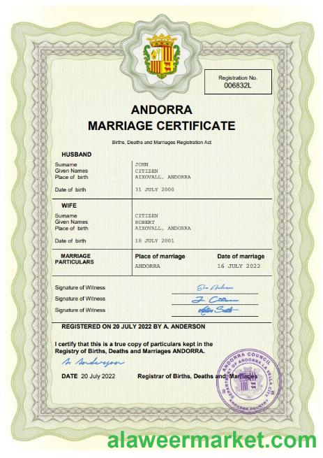Andorra marriage certificate Word and PDF template